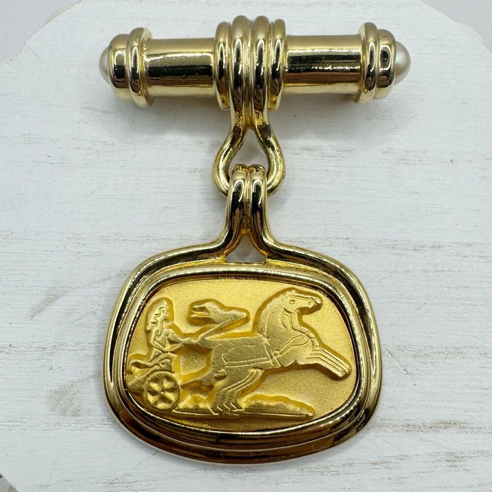 Vtg Roman Greek Chariot Scene Bar Brooch With Dangling Charm Large Historical